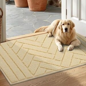 Geometric Herringbone Indoor Door Mat Non-Slip Cream 20x32